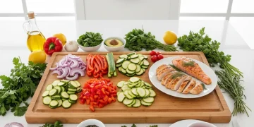 Colorful ingredients prepped for a speedy 15-minute meal on a modern kitchen counter.