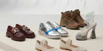 Collection of 2026 shoe styles: metallic sneakers, chunky loafers, architectural heels, ballet flats, hiking boots.