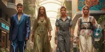 Diverse young people showcasing 2026 street style in an urban environment, featuring sustainable and gender-fluid fashion.