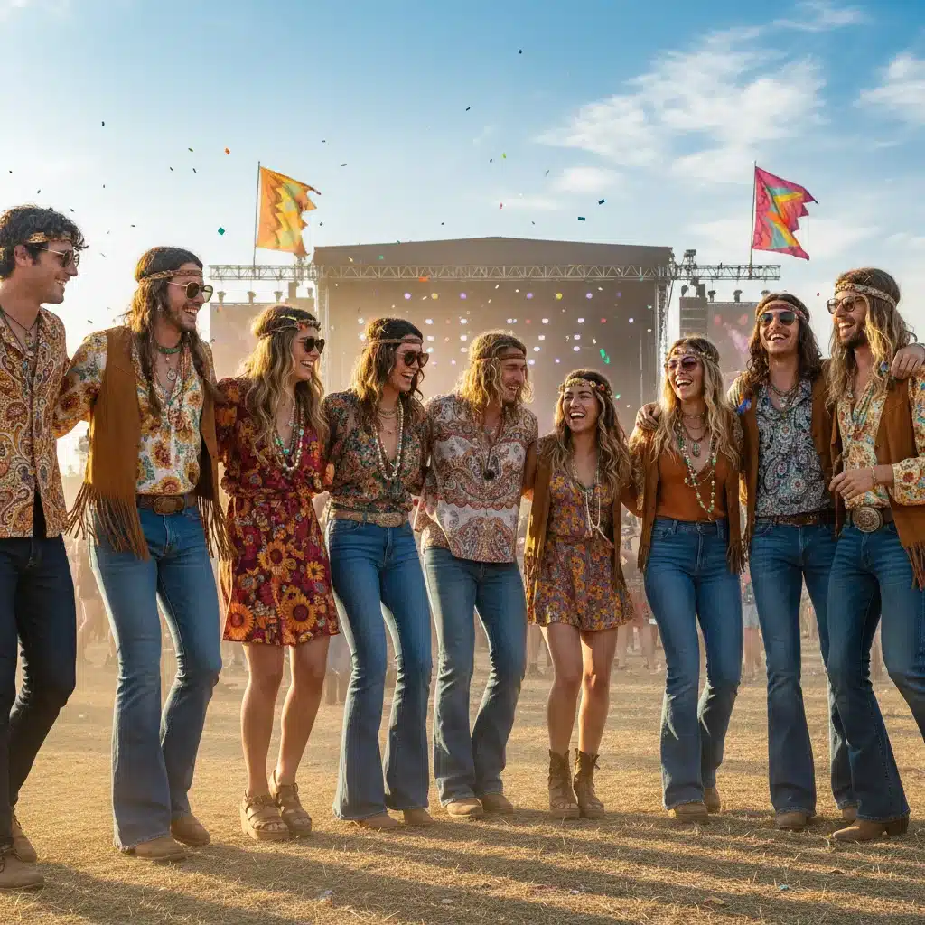 Festival-goers in 70s bohemian fashion, retro trends 2026