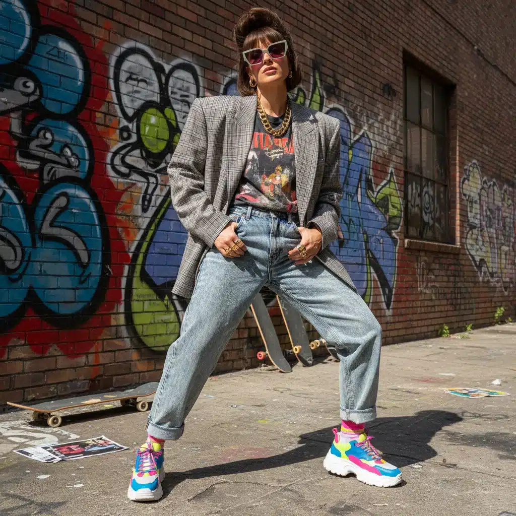 Person in 80s-90s inspired streetwear, urban fashion 2026