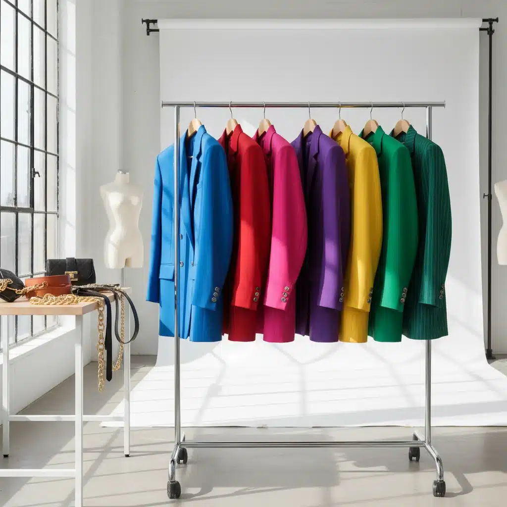 Collection of colorful 1980s power blazers on a rack