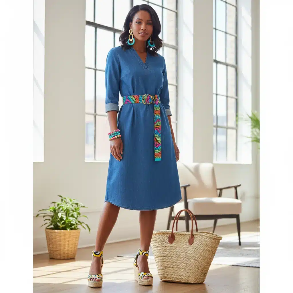 Close-up of accessorizing a denim dress with a colorful belt and statement jewelry.