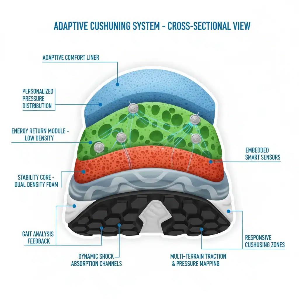 Detailed cross-section of an adaptive cushioning shoe sole technology