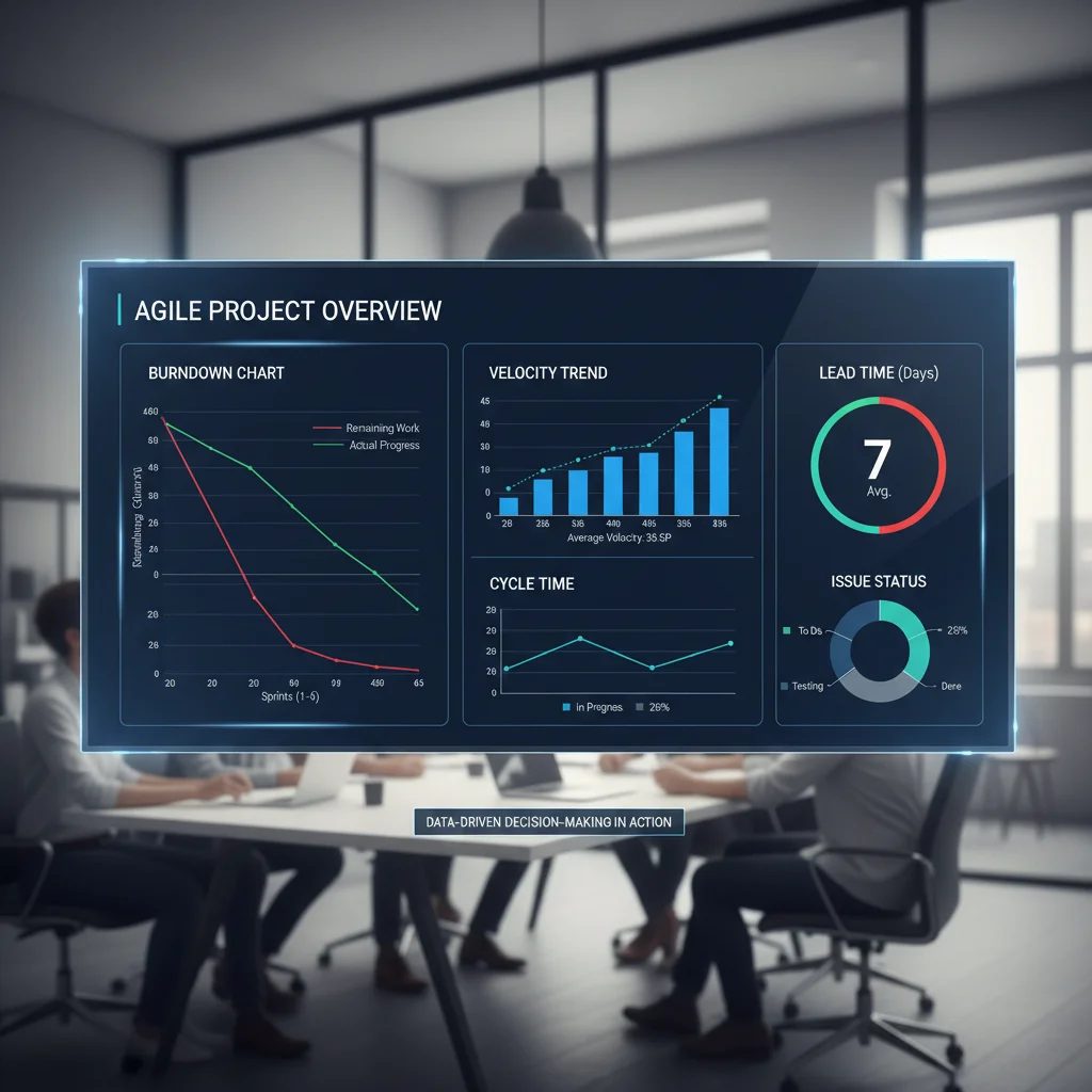 Agile metrics dashboard showing burndown charts and velocity trends