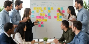 Agile team collaborating on project board