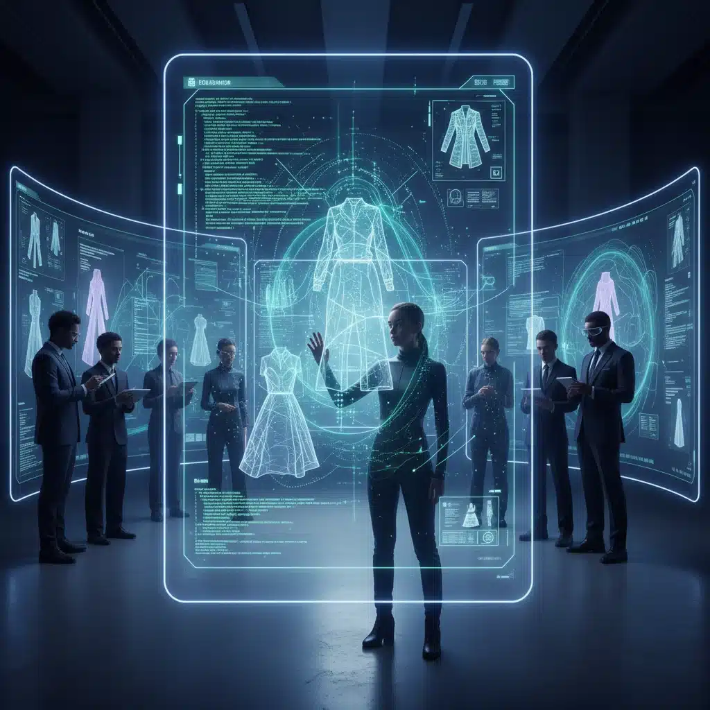 AI algorithm generating unique fashion designs on a holographic interface with designers collaborating.