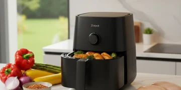 Air fryer on a kitchen counter with fresh ingredients, representing easy cooking