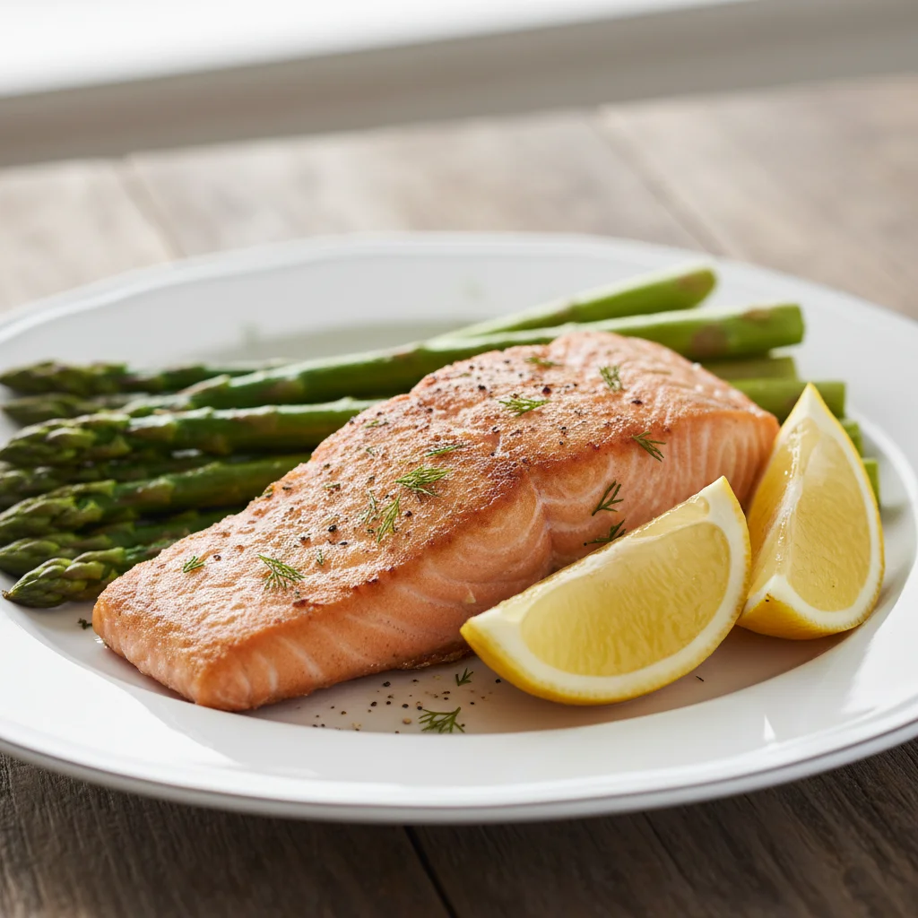 Air fryer salmon with roasted asparagus and lemon wedges