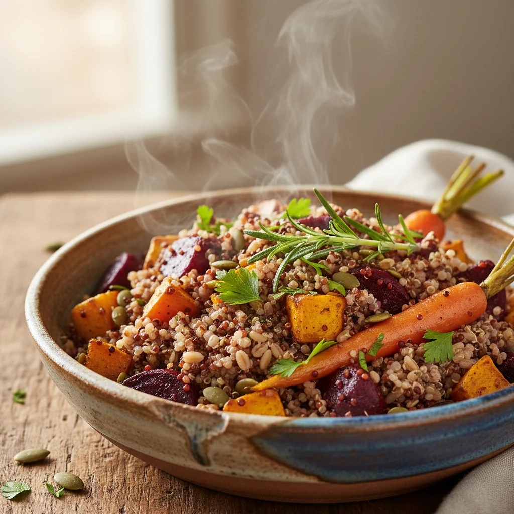Nutrient-rich ancient grain and roasted vegetable medley