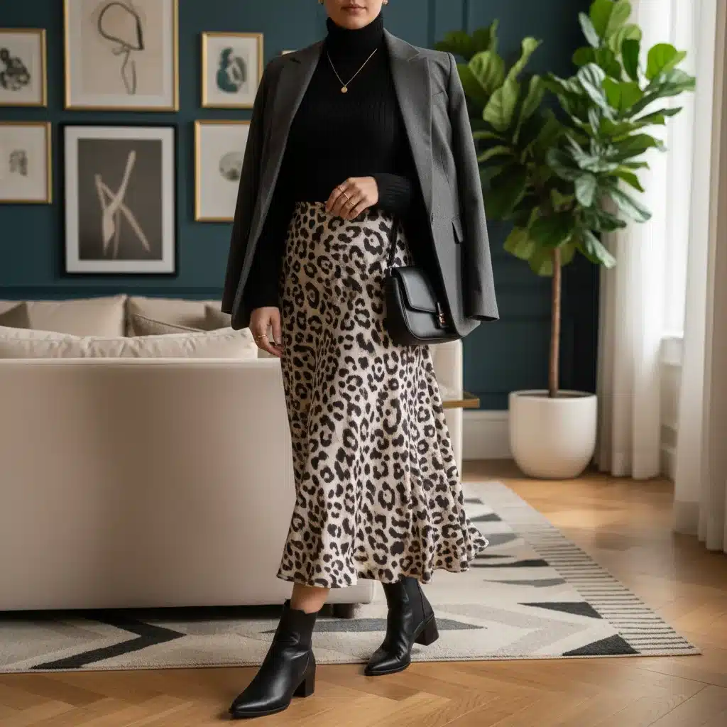Stylish person wearing an animal print midi skirt with a black turtleneck, demonstrating chic print integration.