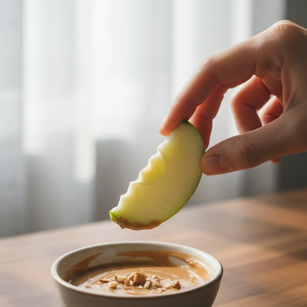 Hand reaching for an apple slice with almond butter, a quick and healthy snack.