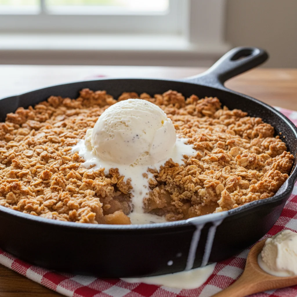 Warm apple crisp with vanilla ice cream in a skillet.