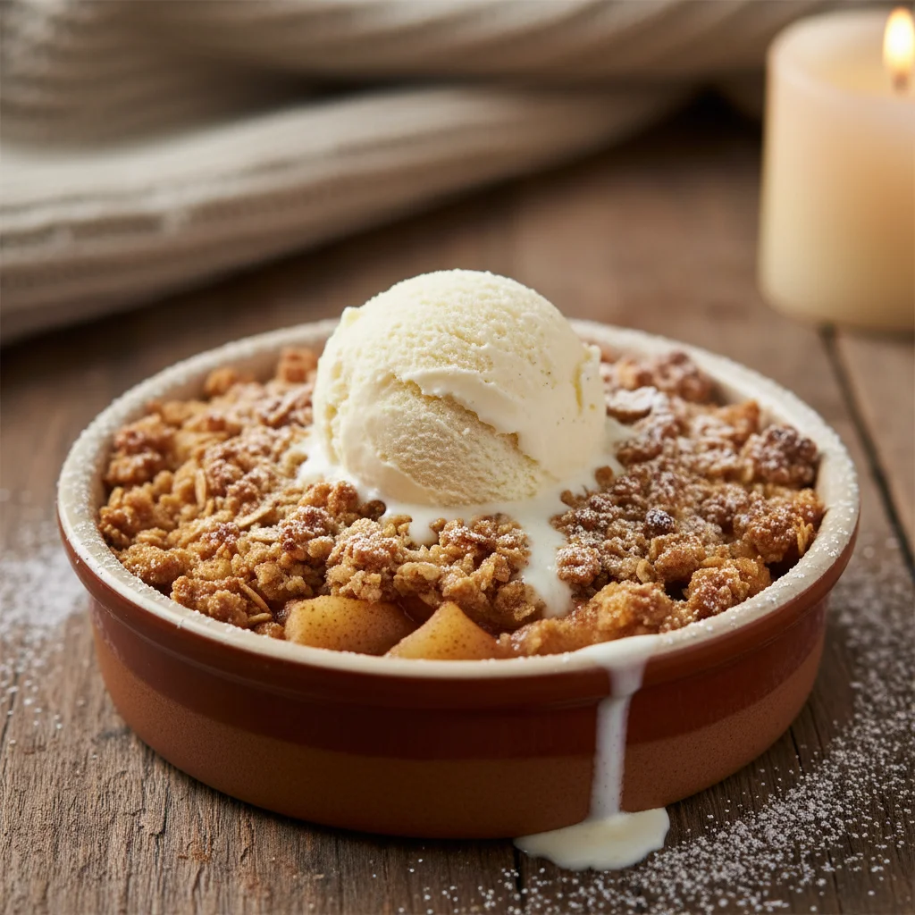 Warm apple crumble with vanilla ice cream