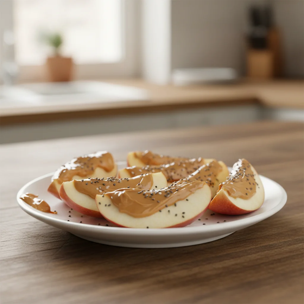 Apple slices with peanut butter and chia seeds, a quick protein-rich snack