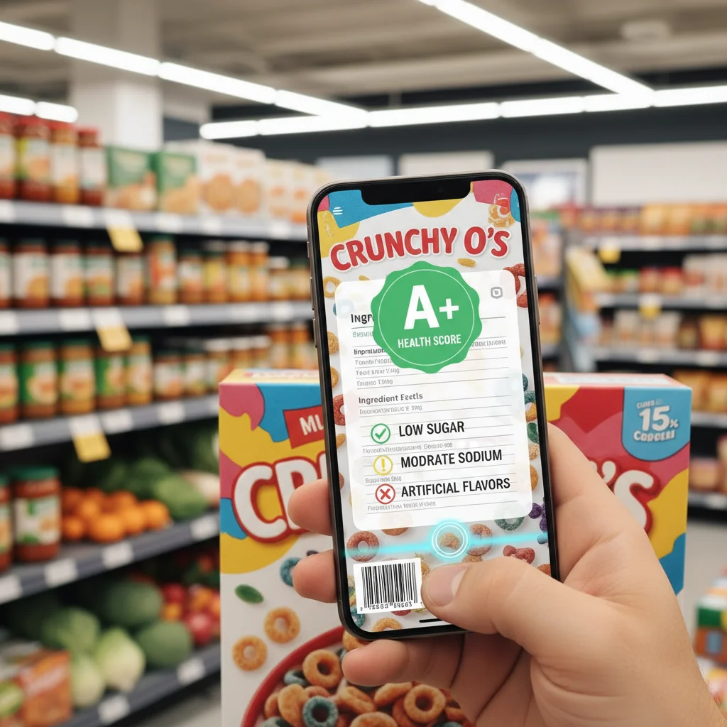 Smartphone app using augmented reality to scan and interpret a food label.