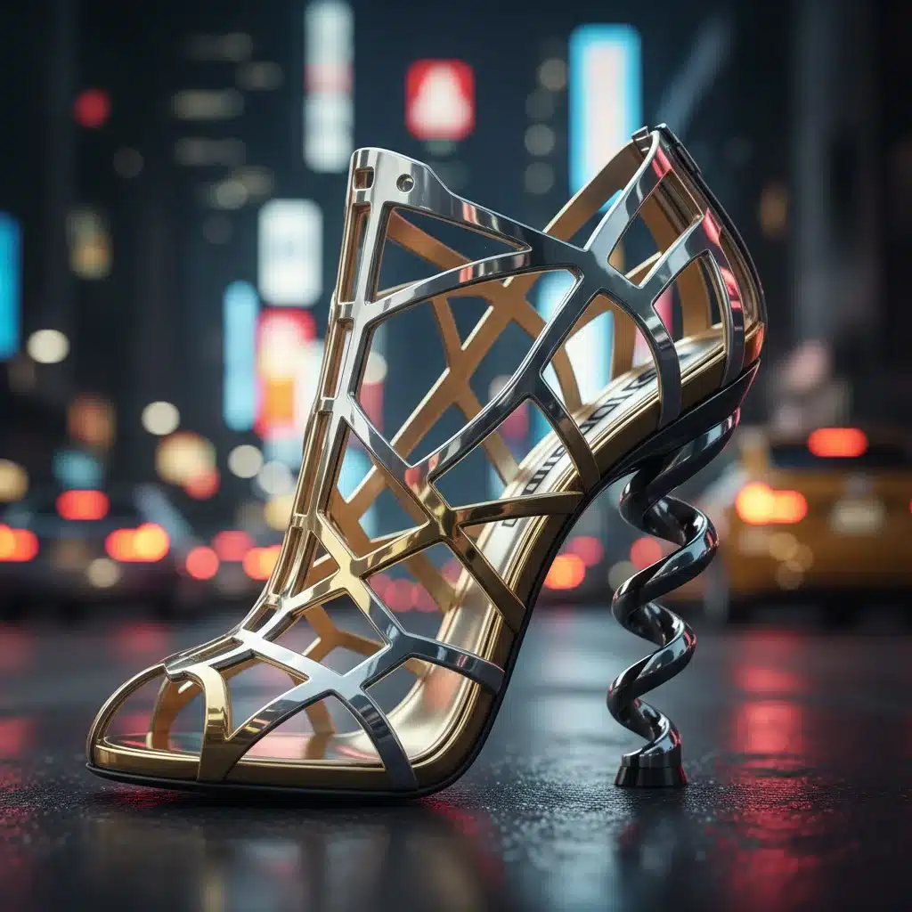 Futuristic architectural heels against a city nightlife backdrop.