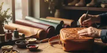 Artisan hands stitching leather handbag, showcasing craftsmanship and detail