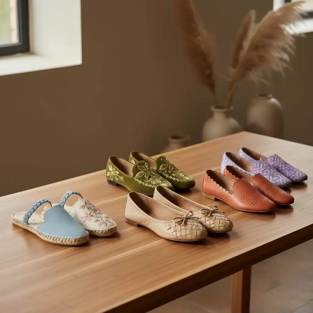 Artisanal woven ballet flats and mules in earthy tones displayed on a wooden surface.