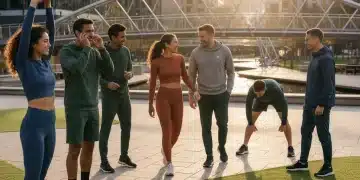 Diverse individuals wearing stylish and comfortable athleisure clothing in a modern city park at sunset.
