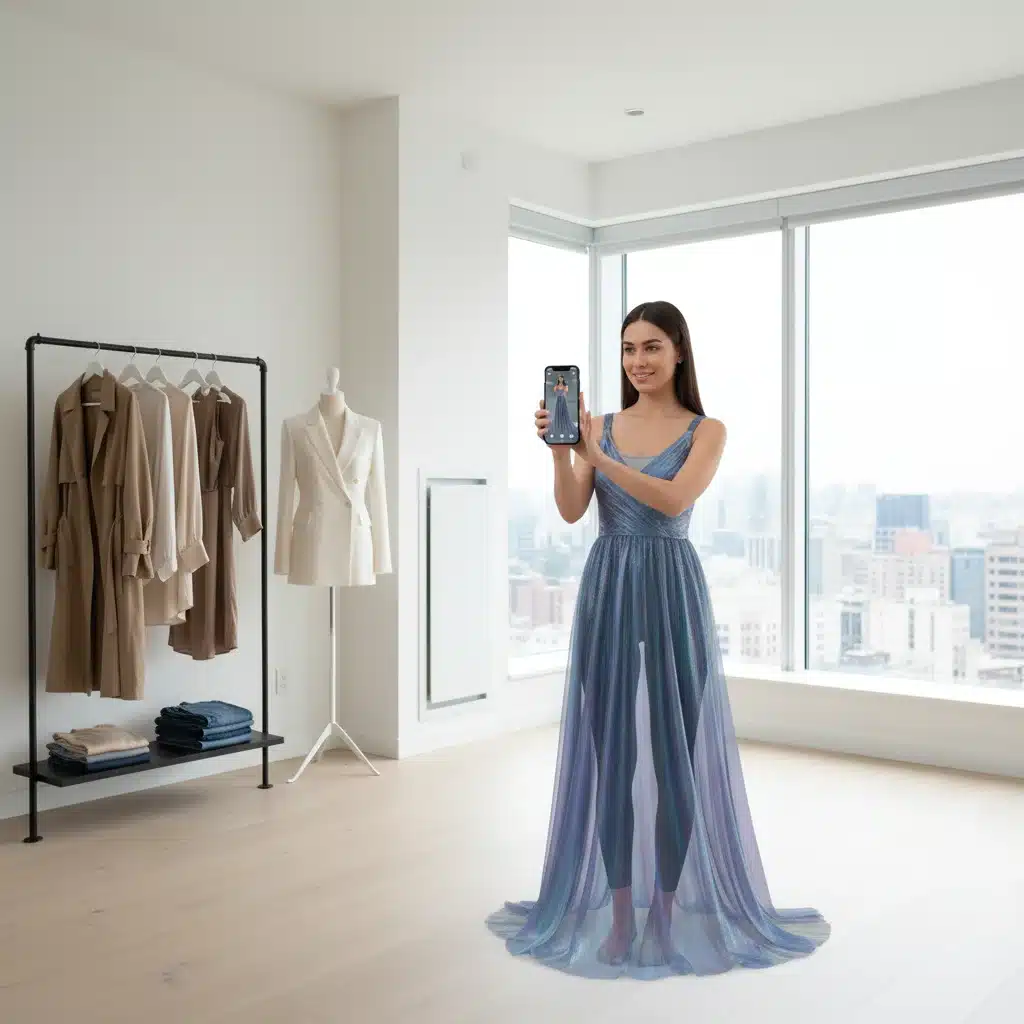 Person using augmented reality virtual try-on app for digital fashion.