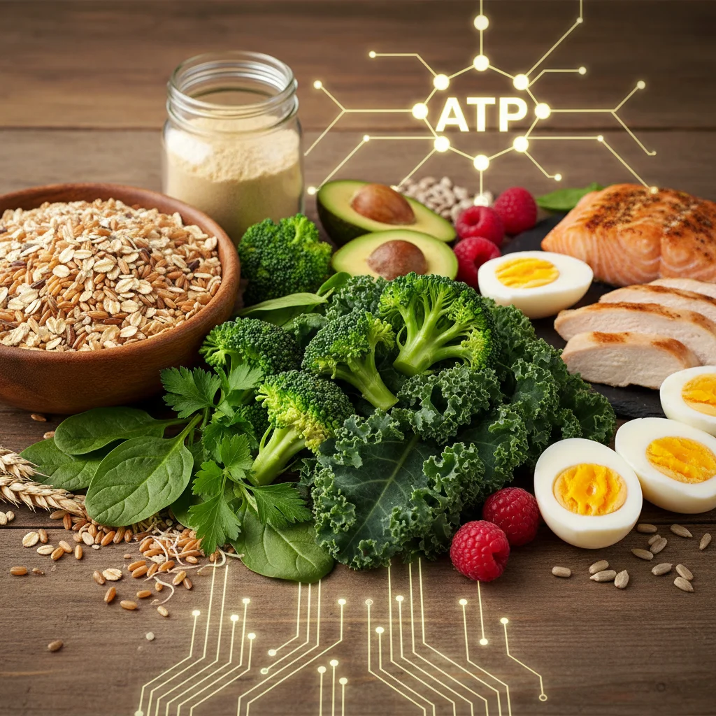 Assortment of B vitamin-rich foods for energy metabolism.