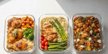 Variety of batch cooked meals in glass containers for weekly meal prep