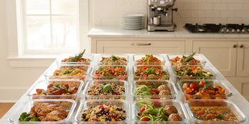 Colorful batch-cooked meals in glass containers on a kitchen counter, ready for the week.