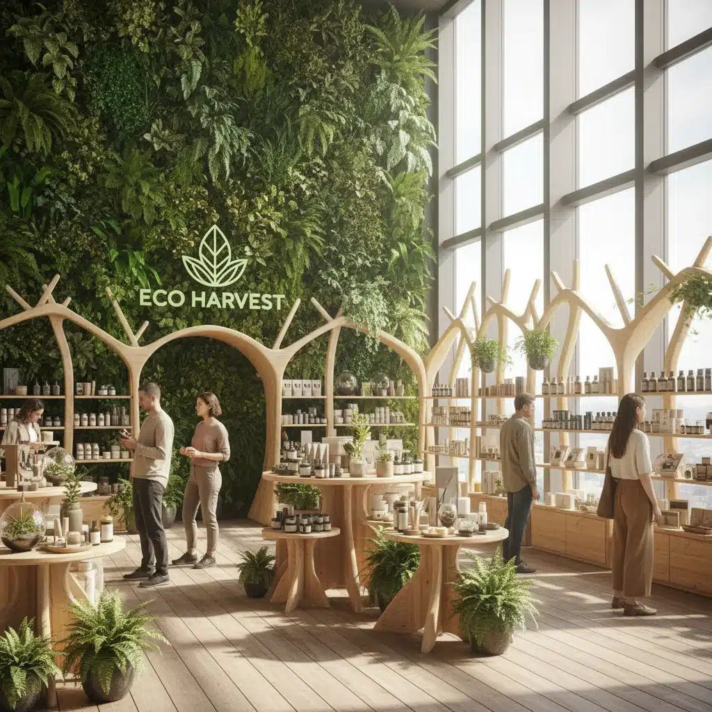 Biophilic retail space with green walls and natural wood
