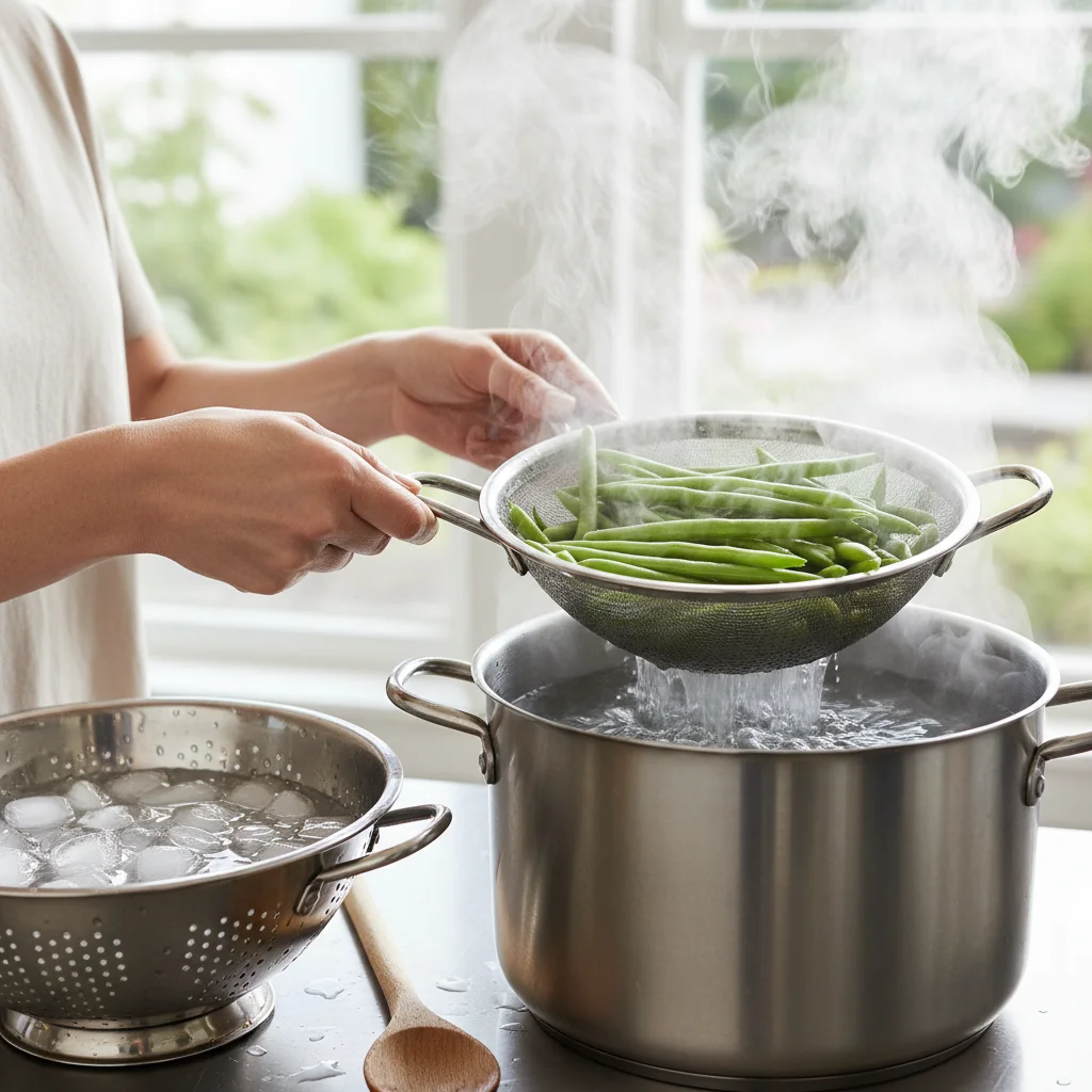 Close-up of green beans being blanched in boiling water, a key step for preserving vegetables.