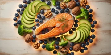 Assortment of brain-boosting foods including blueberries, walnuts, salmon, and avocado on a table