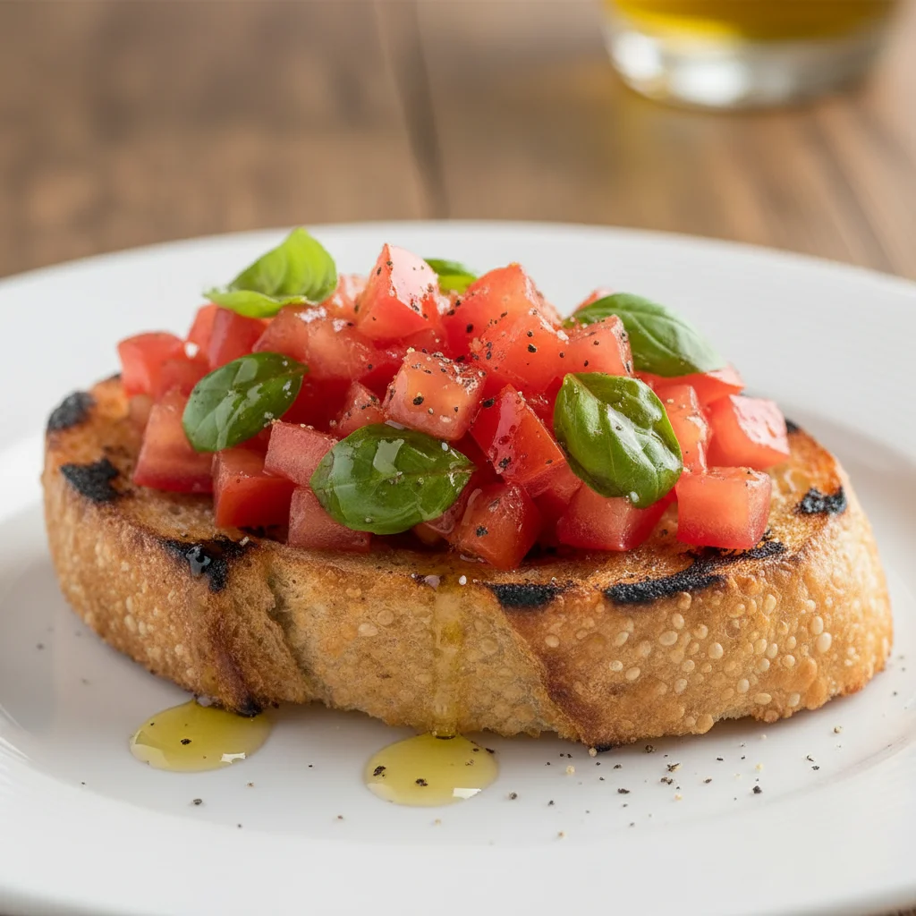 Delicious grilled bruschetta with fresh tomatoes and basil.