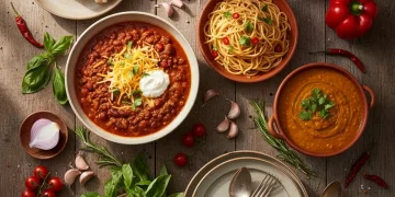 Delicious and affordable dinner meals on a rustic wooden table, showcasing variety and fresh ingredients.