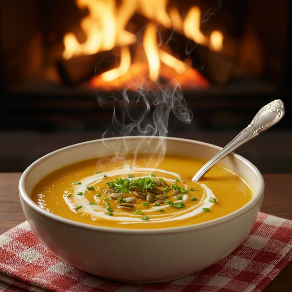 Creamy butternut squash soup in a bowl with herbs.