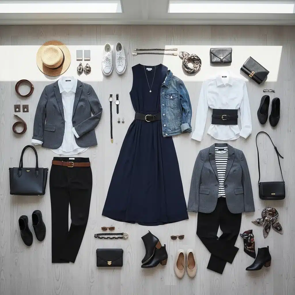 Flat lay showing multiple outfits from capsule wardrobe pieces
