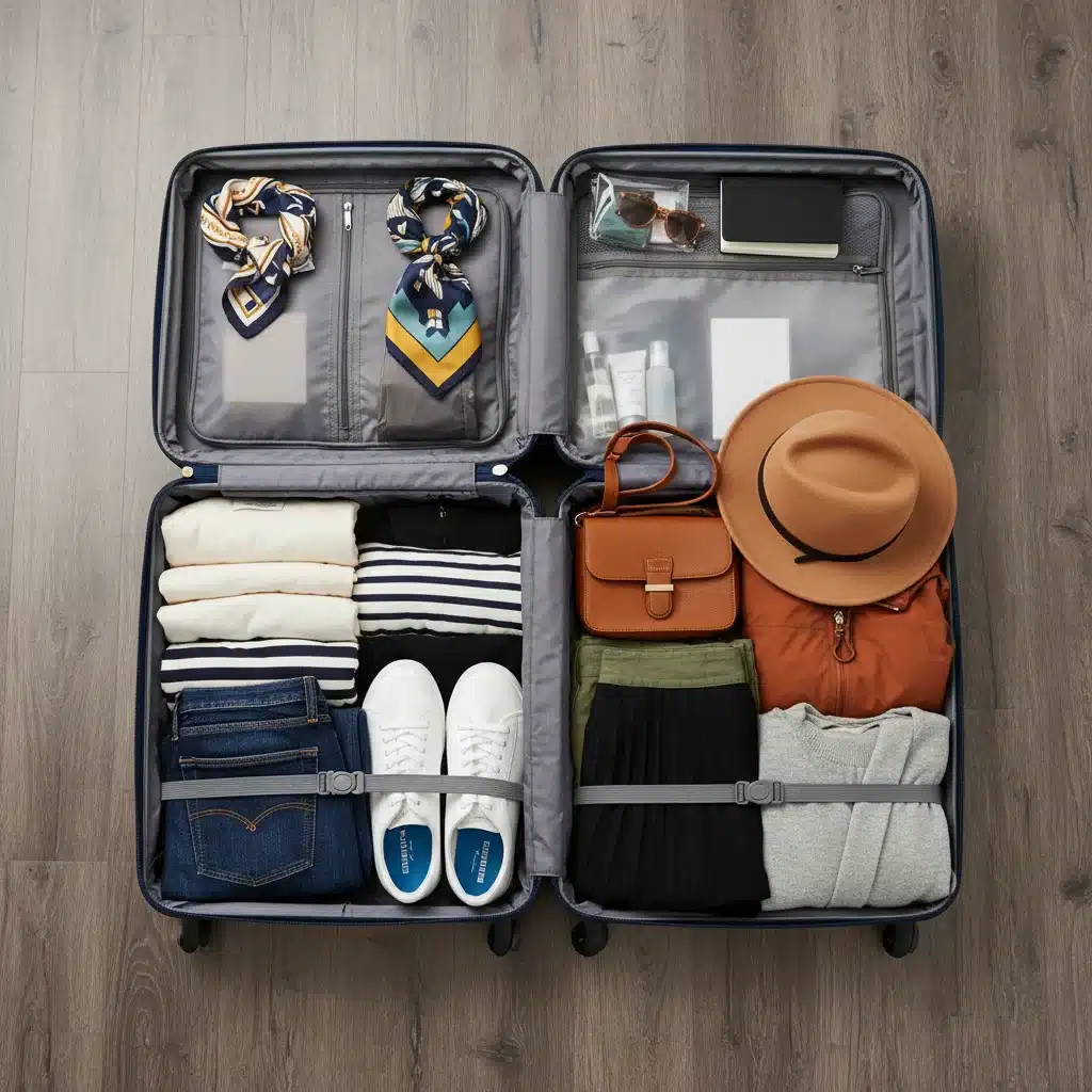 Organized capsule wardrobe in open suitcase for week-long trip