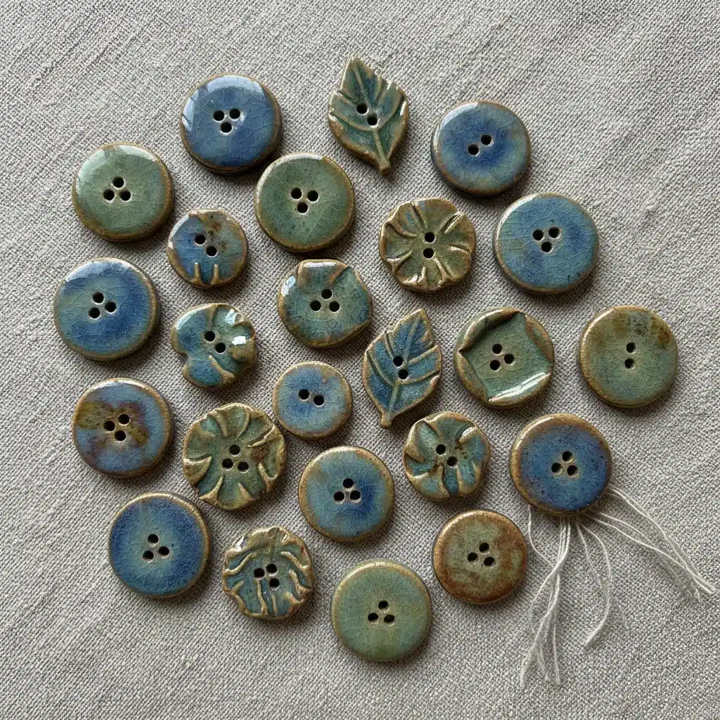 Handcrafted ceramic buttons on linen, artisanal fashion details