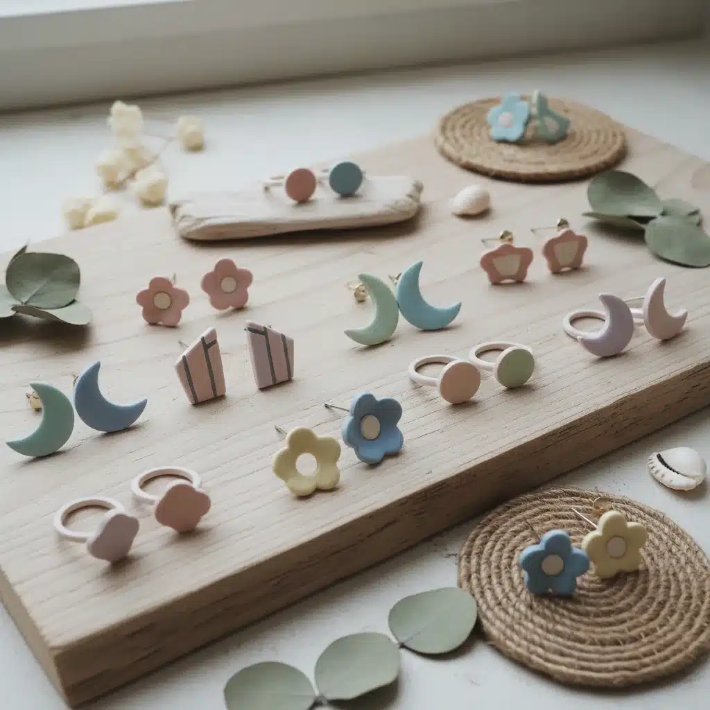Delicate pastel ceramic earrings and rings display