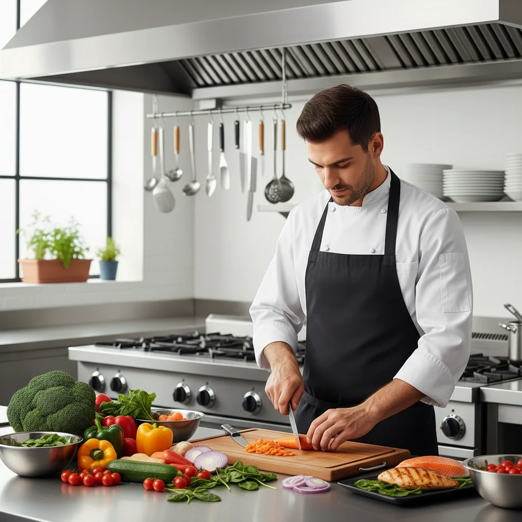 Chef preparing a healthy, fresh meal in a professional kitchen