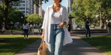 Woman in chic casual weekend outfit in a sunny park