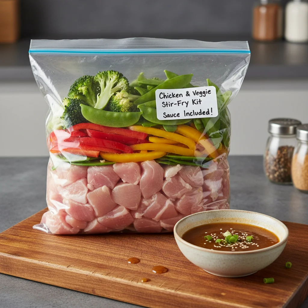 Prepped Chicken and Veggie Stir-fry Kit in a freezer bag with sauce.