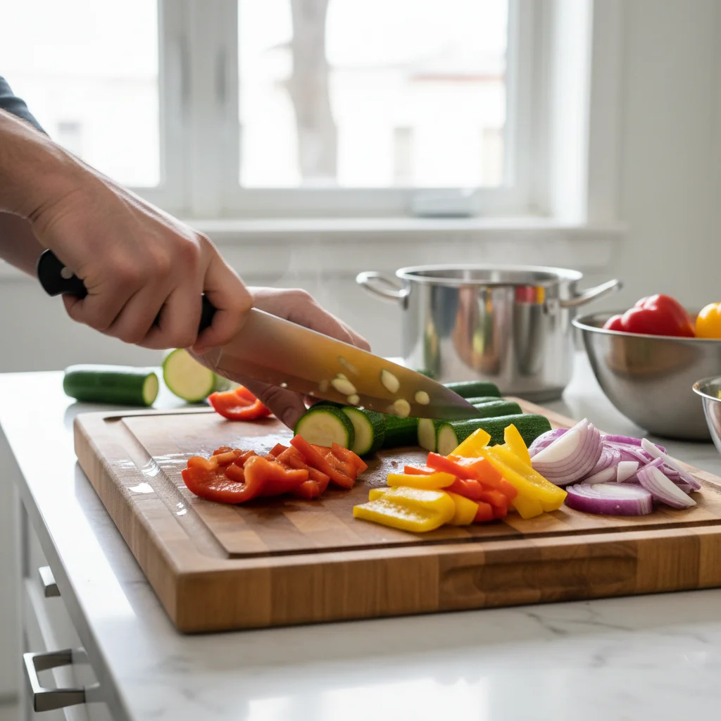 Person chopping fresh vegetables for a quick and healthy weeknight dinner.