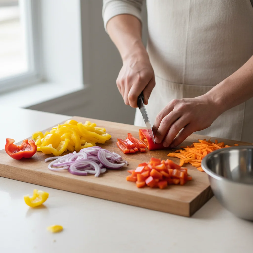 Person chopping fresh vegetables for meal prep.