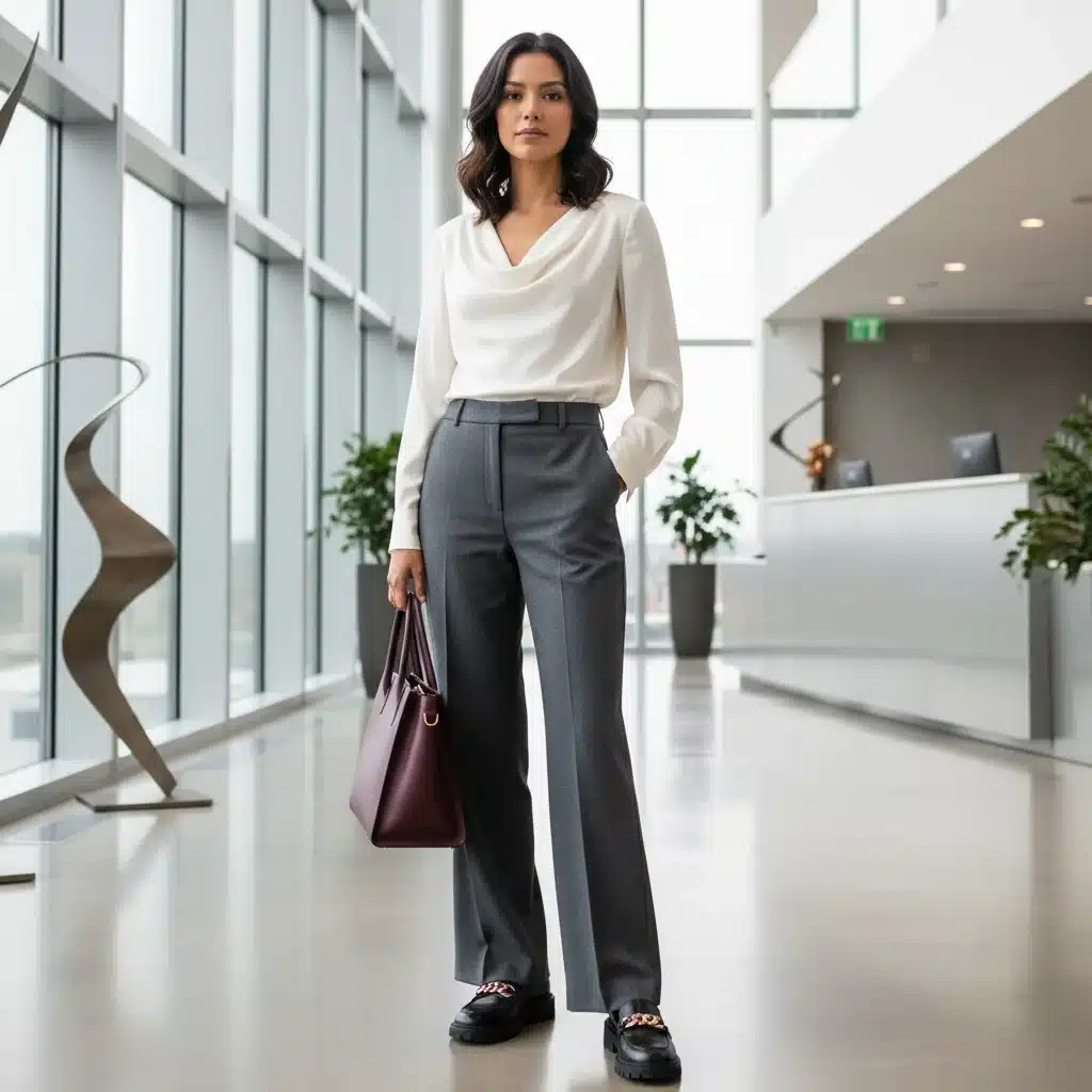 Model in business casual attire with chunky loafers.