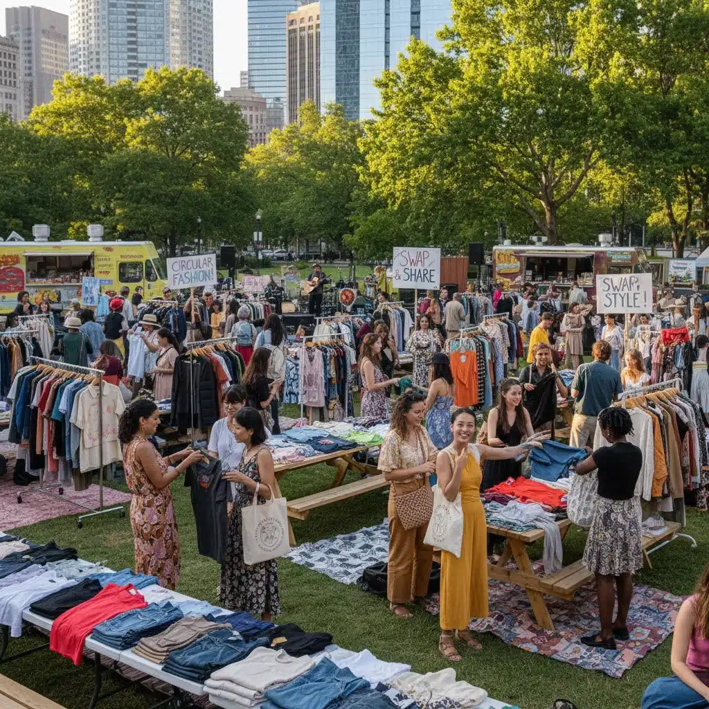 People participating in a vibrant community clothing swap event.