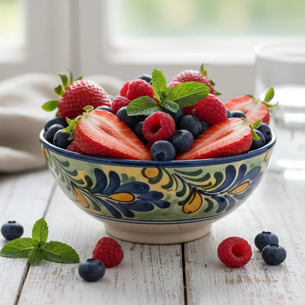 Vibrant bowl of mixed spring berries, featuring strawberries, blueberries, and raspberries, with fresh mint.