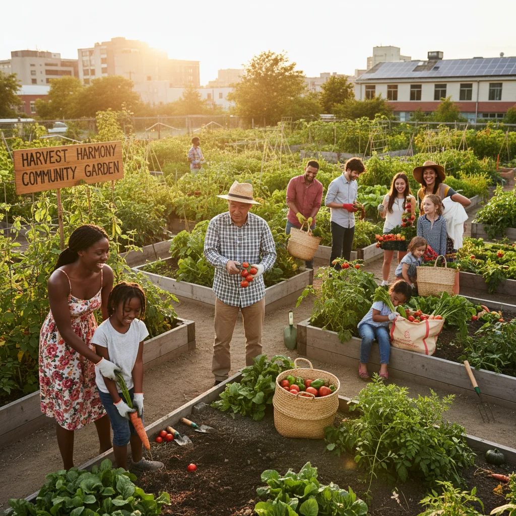 Community garden members harvesting fresh vegetables, promoting local food.