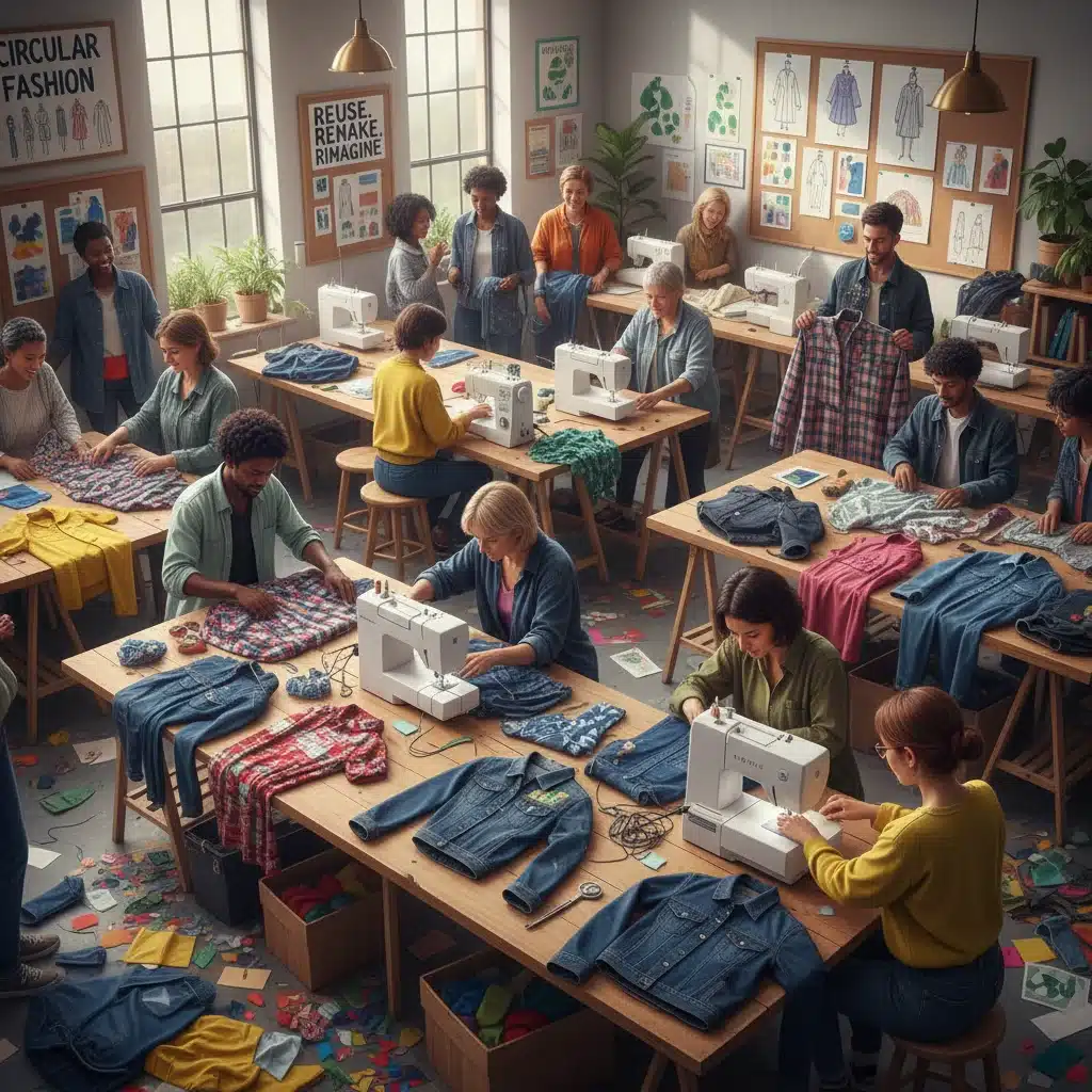 People upcycling old clothes in a community workshop, promoting sustainable fashion practices.