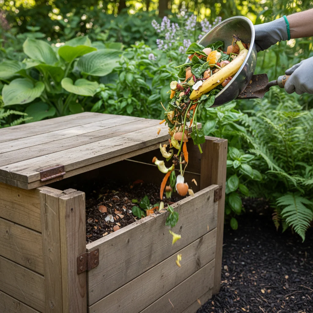 Compost bin with fruit and vegetable scraps, illustrating effective food waste management.