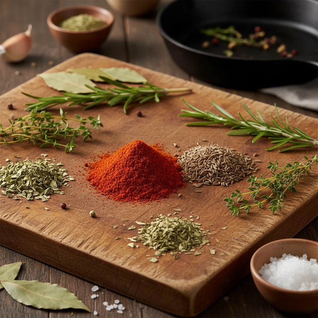 Assortment of fresh herbs and spices for cooking.